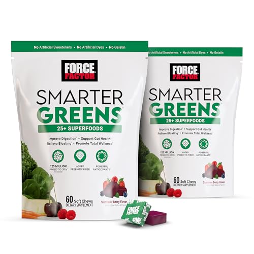 FORCE FACTOR Smarter Greens Superfood Chews, 2-Pack, Greens and Superfoods with Probiotics, Antioxidants, and Fiber, Greens Supplement to Support Digestion, Nitric Oxide, and Energy, 120 Soft Chews