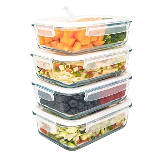 LG Luxury & Grace Lot de 4 Boîtes Alimentaires en Verre 1000 ml. Récipient Hermétique avec Valve de Vapeur. Boîtes de Conservation pour Micro-Ondes, Four, Lave-Vaisselle et Congélateur. Sans BPA.