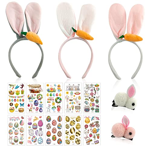 Ostern Hasenohren Haarreifen,Plüsch Osterhase Ohren ,Hasenohren Haarreif,Hase Ohren Stirnband mit 2pcs Hasen Haarspangen und 5 Osteraufkleber,für Mädchen Ostern Mottoparty Kostüm Zubehör Cover