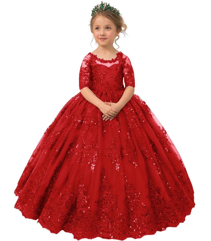 Girls Pageant Dresses Short Sleeve Flower Girl Dess with Bow Tulle Lace Appliques Formal Ball Gown