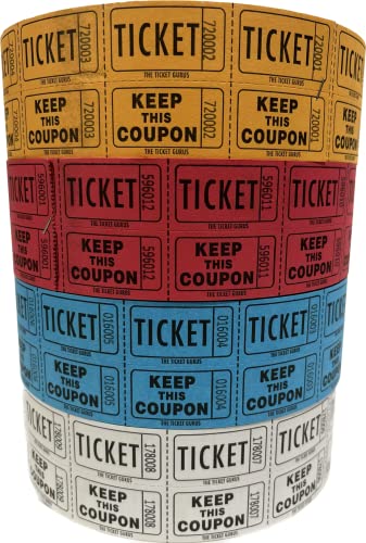 Ticket Guru-Raffle Tickets - (4 Rolls of 2000 Double Tickets) 8,000 Total 50/50 Raffle Tickets (Choose Color Combo Below) (Red/Blue/White/Orange)