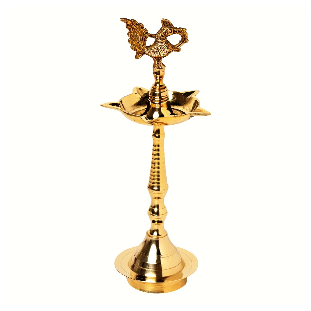 Zap Impex Golden Traditional Brass Peacock Oil Lamp - 5 Wicks Indian Diya For Pooja Festival Home Decor Festival Gifts Indian Puja Item