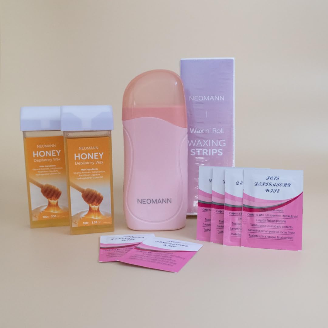 2x Honey Wax n Roll Kit d'épilation | Chauffe-cire Roll On avec 2x cartouches de miel (Rose), 50 bandes de cire et 6 lingettes de soin – Qualité salon pour la maison