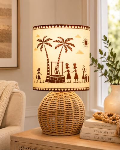 Image of Homesake Handwoven Rattan Table Lamp with Aipan Art Printed Fabric Shade, Boho Bedside Lamp, Decorative Raffia Cane Table Lamp, E27 Holder, Living Room, Bedroom, Study & Home Decor, Bulb Included