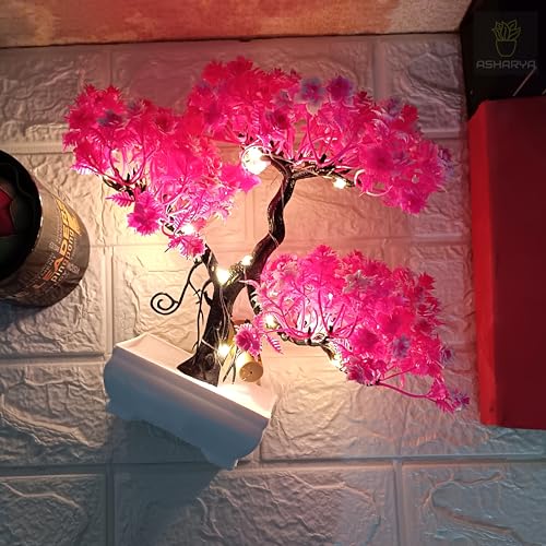 Image of Artificial LED Bonsai Tree with Lush Colorful Foliage in Elegant Plastic Pot | Artificial Plants with Pot | Indoor Plants | Home Decor Items (Pink, 24cm)