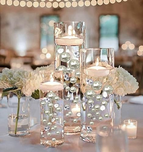 Vase Pearlfection 100 Floating White Pearls with Sparkling Gems- Large Sizes- 6 Warm White Submersible Fairy Lights Strings Hidable Submersible Batteries- Fills 2 Gallons for Your Vases