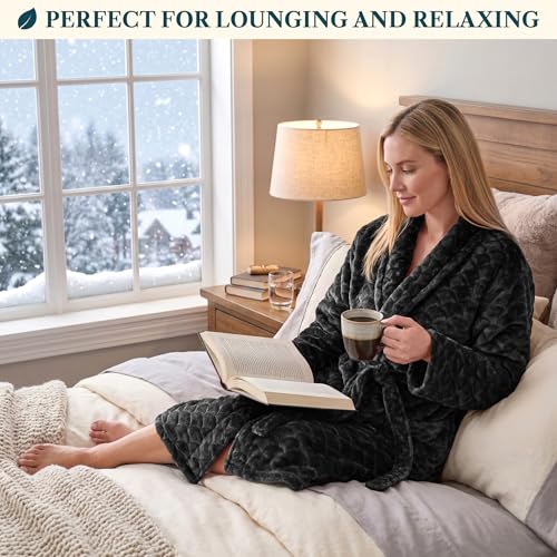 Image of PAVILIA Plush Robe for Women, Soft Fleece Short Bathrobe, Warm Lightweight Knee Length Lounge Robe with Pockets