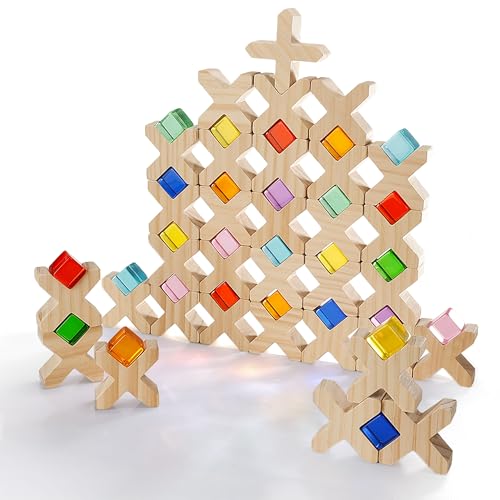 Image of Woodtoe 80 PCS Rainbow Building Blocks Set, Wooden Blocks for Kids Ages 3-6 | Montessori Stacking Toy, 48 PCS Acrylic Blocks, 32 Wooden Blocks, Educational STEM Learning Sensory Toy Gifts for Boy Girl