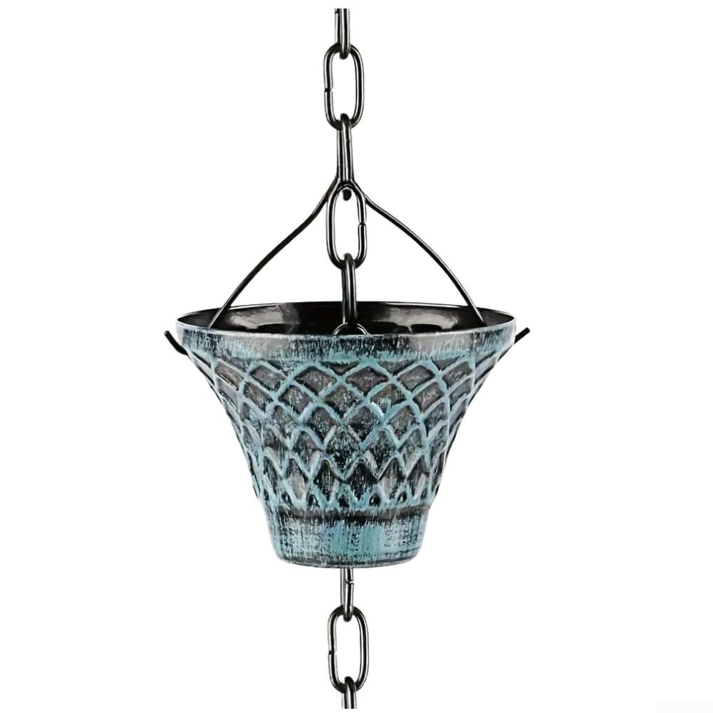 Chaîne de pluie de 2,7 m pour décoration de jardin en extérieur - Bronze bleu fer géométrique - Fixation de gouttière artistique facile à installer (bleu)