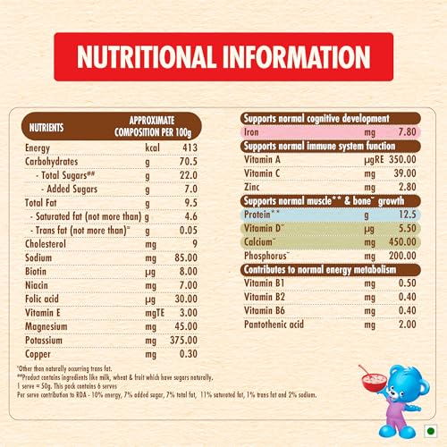 Image of CEREGROW Multigrain Cereal with Milk & Fruits, From 2-6 years, With Iron, Protein, Calcium, 19 Nutrients, Instant Cereal, 300g, Bag-in-box Pack