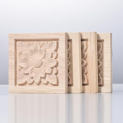 4 Pcs Decorative Wood Carved Appliques Onlays Small Flower Square Rosette, 2.36x 2.36inch Unpainted Solid Wood Square Carving Decal for Furniture Cabinet Closet Decoration