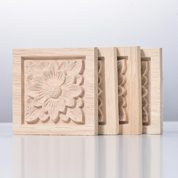 10 Pcs Decorative Wood Carved Appliques Onlays Small Flower Square Rosette, 2.36x 2.36inch Unpainted Solid Wood Square Carving Decal for Furniture Cabinet Closet Decoration-image-19