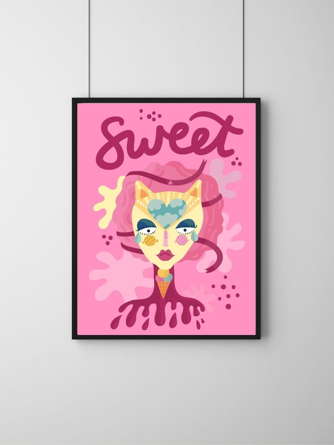 Sweet Whimsy Cat-Lady Poster in Pink & Chocolate Tones | Unique Illustrated Wall Art for Eclectic Decor | A3 Size, Black Frame