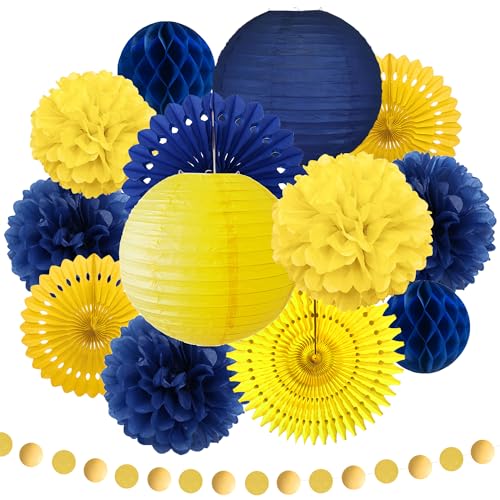 Décorations de fête bleues et jaunes en papier - Lanternes en papier pour fête prénatale, anniversaire, mariage, fiançailles
