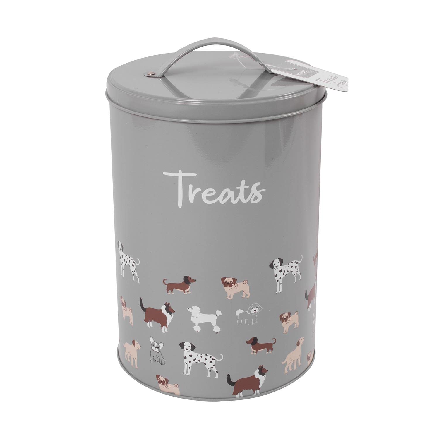 YöL Dog Treat Tin Grey Illustrated Puppy Food Storage Container With Lid Tub Jar