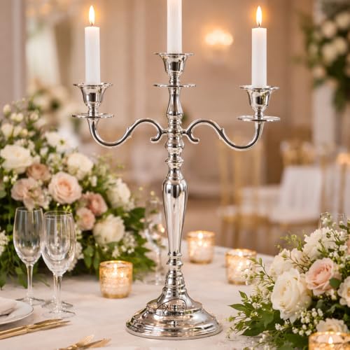 Image of 3 Arm Silver Candlestick Holder Stand | 24 Inch Tall Metal Candelabra for Wedding Centerpieces, Dining Table, Living Room & Event Decor
