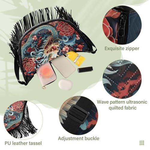 Image of CEBUGI Women's Fringe Crossbody Tassel Purse Celebration Chinese Dragon Hobo Shoulder Bags Crossbody Handbag with Adjustable Shoulder Straps