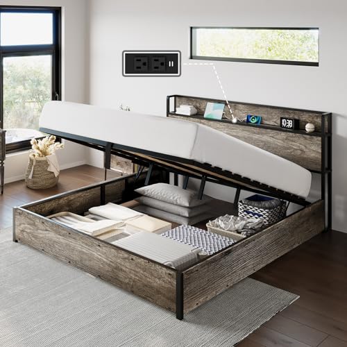 Image of AMERLIFE King Size Lift Up Storage Bed Frame, Wooden Platform Bed Frame with Lifting Storage & Charging Station, No Spring Box Needed /Noise Free, Rustic Grey