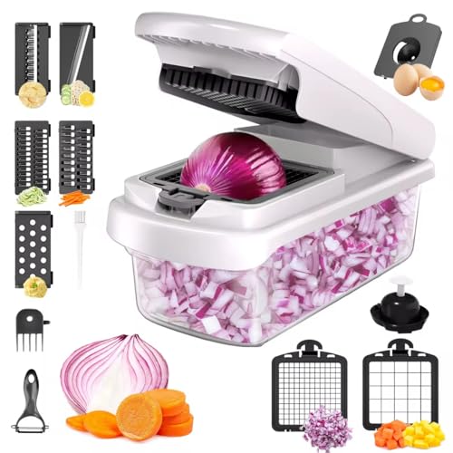Cortador de verduras multifuncionales - Compacto 15 en 1 Mandolina - Mandolina profesional - Corte de verduras 7 cuchillas intercambiables - Rebanador de verduras blanco para cebollas zanahorias y