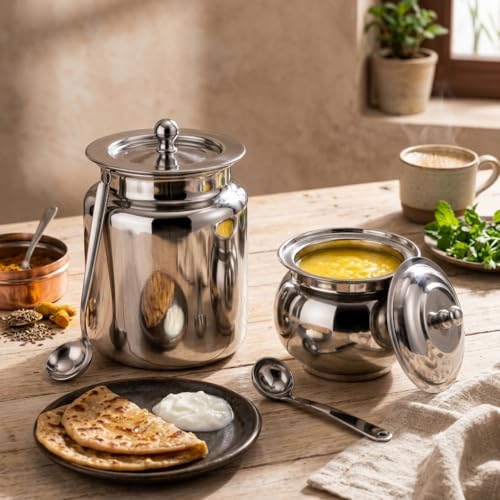 Image of Steel Ghee Pot with Spoon | Oil & Ghee Container Set | Ghee Storage Container with Lid - (Ghee Pot Steel - 450ml & 150ml - Pack of 2)