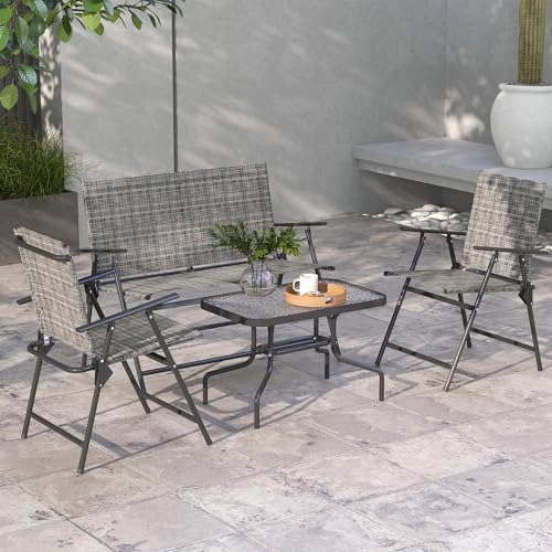 Outsunny Salotto da Esterno da 4 Pezzi, Set Mobili da Giardino con Tavolino in Vetro, 2 Poltrone e Divanetto Pieghevoli in Metallo e Tessuto a Rete, Grigio - Immagine 1