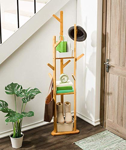 Image of LEOPAX Bamboo Freestanding Coat Rack With 3 Shelves And 7 Hooks, Coat Tree For Bedroom, Entryway, Livingroom, Coat Hanger Stand For Coats, Scarves, Handbags - Natural Color, 22.9 x 172.7 x 22.9 Cm