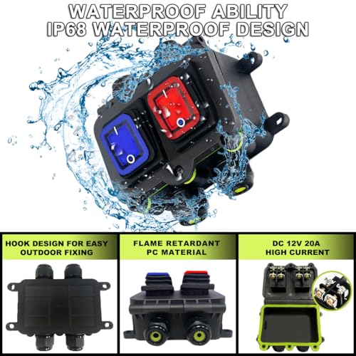 MKBKLLJY IP68 Waterproof Inline Cord Switch DPST DC 12V 20A 4 Pin 2 Position Toggle Switch Outdoor Waterproof Box Two Side Entry And Exit Line ON/OFF With Screw Feet KCD4 Screws Heat Shrink Tubing - Image 3