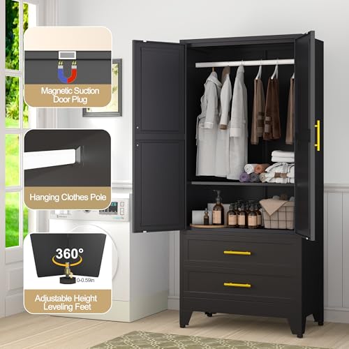Image of GAIOUS Metal Wardrobe Cabinet with 2 Drawers, 71 inch Clothing Storage Cabinets