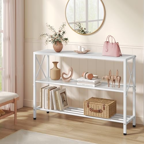 Image of Hoctieon White Industrial Console Table, 3 Tier Entryway Tables, Hallway Desk, Narrow Sofa Tables with Shelves, Entrance Table for Entryway, Living Room, Foyer, Hallway, Office, White