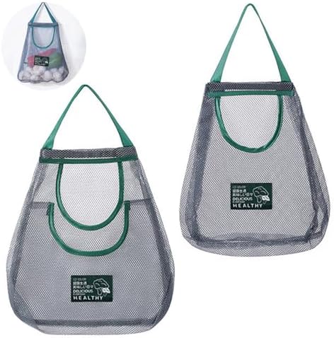 2 Pack Hanging Mesh Storage Bags (Single + Dual Pocket) Reusable Produce Bags for Kitchen Storage Fruits, Onions, Garlic & Vegetables, Breathable Shopping Storage Handbag