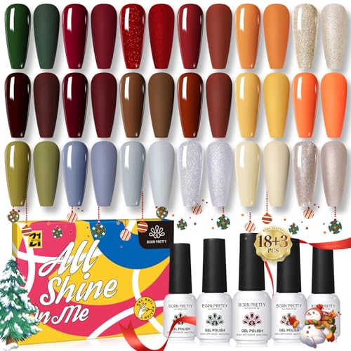 Born Pretty Gel Nail Polish Set Fall Winter Halloween Gel Nail Polish Autumn Gel Polish Christmas' Gift Burgundy Wine Red Green Brown Coffee Pumpkin Color Gel Polish with Base&Top Coats