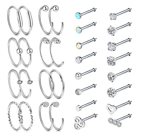 Bodystars Stainless Steel Nose Ring Studs - 32Pcs Nose Rings and Studs Piercing Jewelry Set - 20G Tragus Cartilage Hoop Rings/Nose Studs Bone (Silver - Straight Shape)