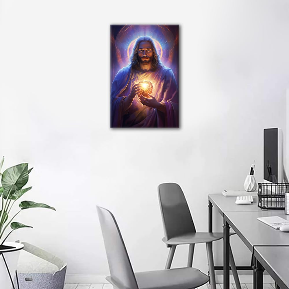Jesus and His Heart Canvas Wall Art for Living Room Jesus Love Home Decor Savior of Mankind HD Printed Posters Artwork for Bedroom Office Wall Art Painting Pictures Ready to Hang (16''Wx 24''H) - Image 3
