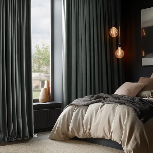 HPD Half Price Drapes Signature Velvet Thermal Blackout Curtains for Living Room 84 Inch Long (1 Panel) Rod Pocket Insulated Blackout Curtains for Bedroom Window Curtains, 100W x 84L, Natural Grey