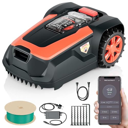 OKAYBOT M1 Robot Cortacésped Usado con Cable Perimetral, hasta 1400 m², Altura de Corte 25-65 mm, Pendientes hasta 47%, Ancho de Corte 22 cm, Control por Bluetooth y App