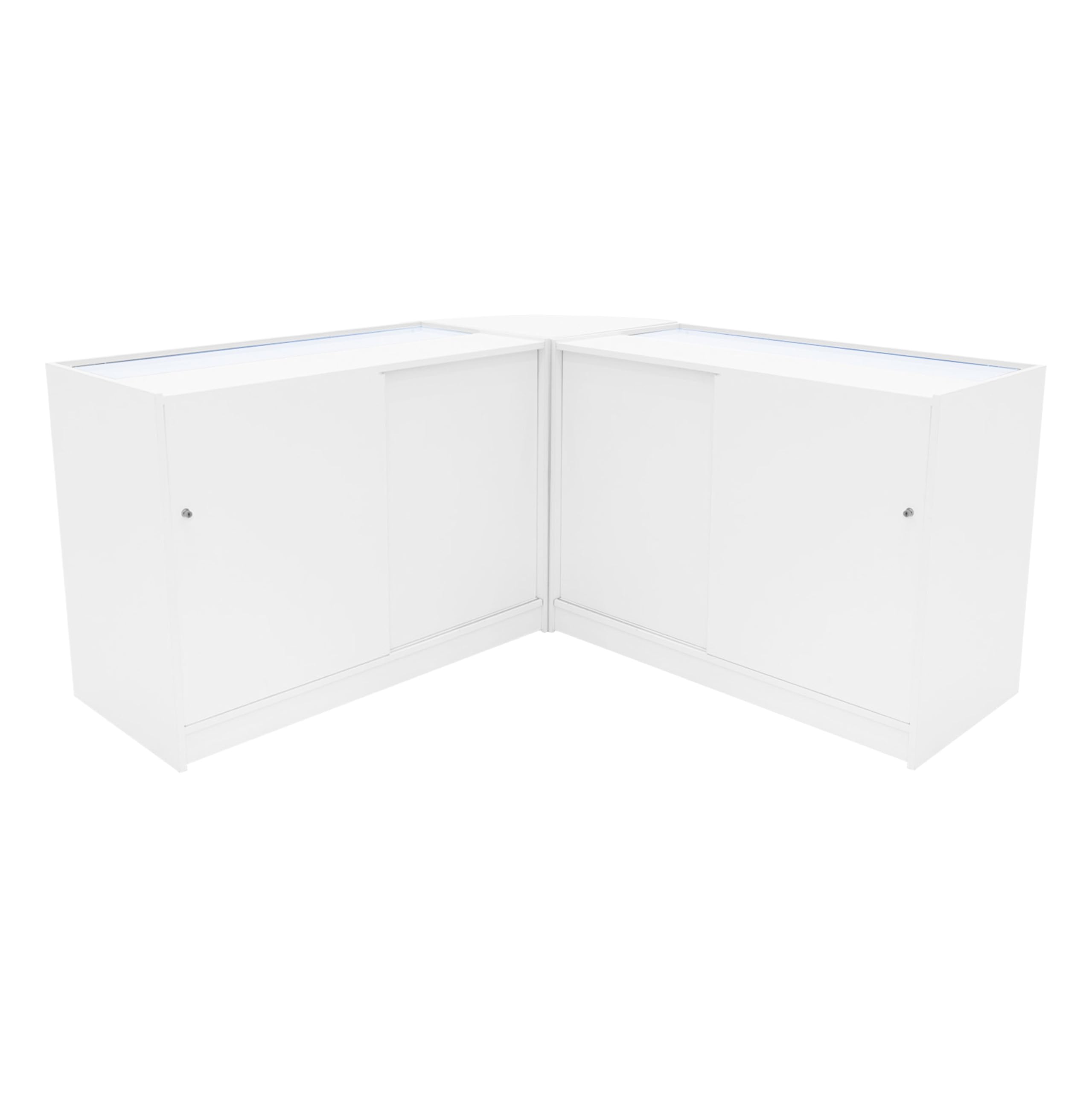 Comptoirs de Vente en MDF Blanc à LED Blancs Ensemble Apollo LM60 K1200 3 Unités de Rangement Étagères Internes Portes Coulissantes Verouillables Réception Bureau Vêtements Bijoux [Clés INCLUS]