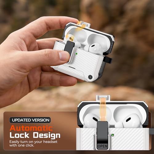 Image of Inesore for AirPods AirPods Pro 1st /2nd Case with Secure Lock (White) | Phone Stand Design,Compatible with MagSafe,Automatic Snap Switch Secure Cover Carbon Fiber Texture with Cleaner Kit