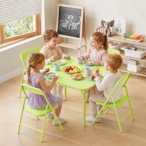 Image of JOYMOR Kids Folding Table and Chairs Set, 5-Piece Metal Frame Activity Set with Easy-Fold Design for Playroom & Classroom, Green