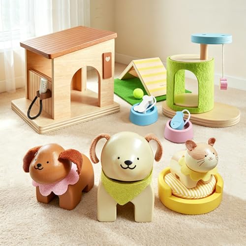 Tiny Land Wooden Dollhouse Animal Set for Toddlers Dollhouse Accessories