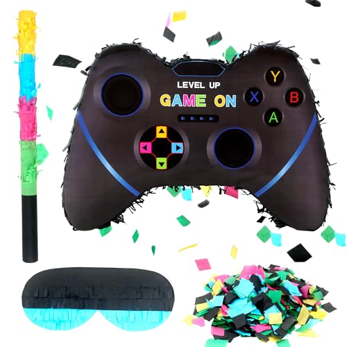 Video Game Controller Pinata with Blindfold Bat and Confetti Carnival Game Controller Pinata Set Gamer Party Supplies for Kids Game Theme Birthday Party Toy Carnival Decoration