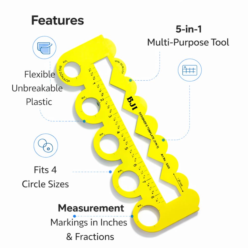 Cartell Fashion Scale Combo (2-Piece), Yellow 5-in-1 Unbreakable Scallop Ruler with 30cm Straight Scale for Pattern Making, Sewing, Drafting, DIY Crafts 2