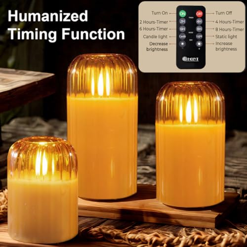 Image of LEDHOLYT Rechargeable Jar Flameless Candle, Flashing LED Pillar Christmas Candle with Remote Control and Timer, Gold Pumpkin Glass Electronic Candles for Room Decoration, 1 Set of 3
