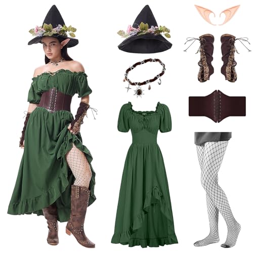 Crazycos Mittelalter Kleidung Damen Renaissance Kostüm Damen Mittelalterkleid mit Hexenhut Netzstrümpfe Elfenohren Gothic für Halloween, Karneval,...