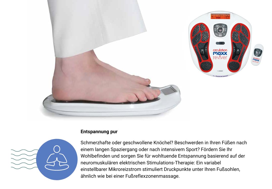 Durchblutungsstimulator Füße & Beine | EMS Reizstrom-Fußmassagegerät Circulation Maxx – 99 Intensitätsstufen, Fernbedienung, 60-Min.-Timer & 4 Elektro-Pads für Muskelentspannung zuhause