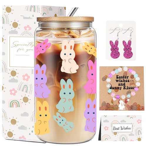 DHQH Easter Birthday Gifts Set, Easter Bracelet Earrings Basket Stuffers for Teens, Bunny Christmas Gifts for Women, Cute 16oz lced GlassCup with Lid And Straw