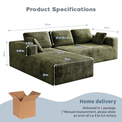 Image of 93 inch L-Shaped Modular Sectional Sofa with Chaise, Boneless Corduroy Cloud Couch with Deep Seat and Oversized Comfort, Flexible Module Combination for Living Room, No Assembly Required