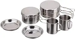Kit Panelas Camping Inox 8 Peças, Aço Inoxidável, com Potes, Frigideira, Pratos e Canecas, para Viagem, Pesca e Praia