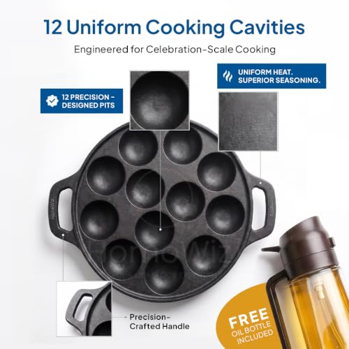 Image of HomeWiz Cast Iron Appe Pan 12 Cavity 26 cm | Free Oil Dispenser 500ml | Pre-Seasoned Appe Maker for Appam, Paniyaram & Appe | Non Stick Appam Pan | Naturally Non-Stick | Works On Induction & Gas