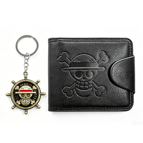 Jaswqaz Anime OP Wallet for Men Straw Hat Luffy Skull Wallet Fashion Fan Gift for Teens Anime Fans Men (Black)