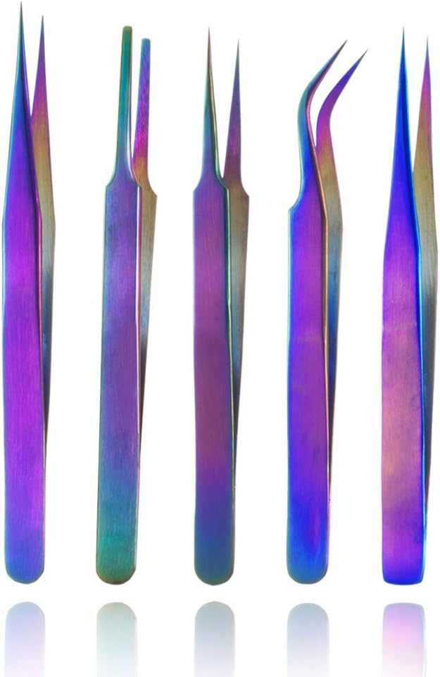 Rainbow Stainless Steel Tweezers Kit Anti-Static Precision Tweezers Set for Eyelash Extension Facial Hair Eyebrows Nail Art, 5 Pcs